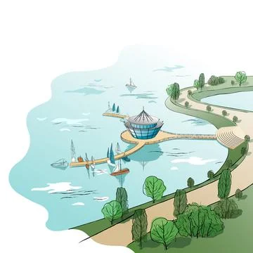 Vector colored linear landscape with quay and boats Ilustração Stock