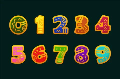 Vector Colored Numbers Set, figures 0-9. Decorative Count Signs. Aztec, Sca.. Stock Illustration