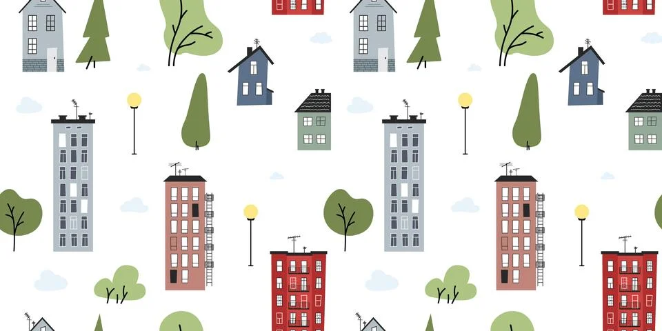 Vector colored seamless pattern with cute houses 스톡 일러스트