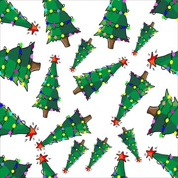 Vector colored seamless pattern hand drawn New Year green trees with colored Stock Illustration