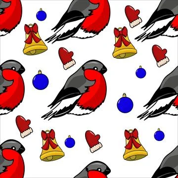 Vector colored seamless pattern with hand-drawn winter bird bullfinch, bell.. Stock Illustration
