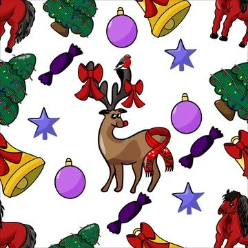 Vector colored seamless pattern with hand-drawn New Year s deer, bell, Chri.. Stock Illustration