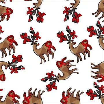 Vector colored seamless pattern of hand-drawn Christmas deer with red bows Stock Illustration