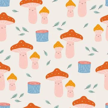 Vector colored seamless repeat childlike pattern with cute mushrooms on Illustrazione stock