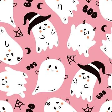 Vector colored seamless repeating childish pattern with cute ghosts on Stock Illustration