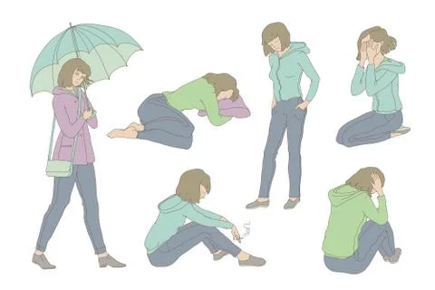Vector colored set sketch illustration sad girl teen. Young woman crying Stock Illustration