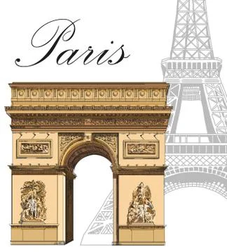 Vector colored Triumphal Arch with Eiffel tower Stock-Illustration