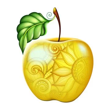 Vector Colored Yellow Apple with Beautiful Floral Ornament Stock Illustration