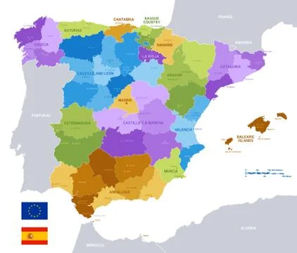 Vector Colorful Administrative Map of Spain Stock Illustration