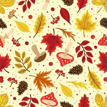 Vector colorful autumn seamless pattern with fall leaves, cone and mushrooms. Stock Illustration
