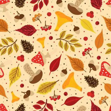 Vector colorful autumn seamless pattern with fall leaves, cone and mushrooms. 스톡 일러스트
