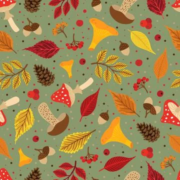 Vector colorful autumn seamless pattern with fall leaves, cone and mushrooms. Stock Illustration