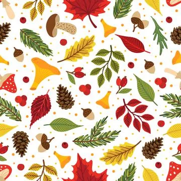 Vector colorful autumn seamless pattern with fall leaves, cone and mushrooms. Stock Illustration
