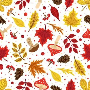 Vector colorful autumn seamless pattern with fall leaves, cone and mushrooms. Stock Illustration
