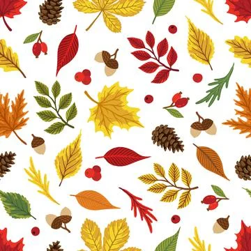 Vector colorful autumn seamless pattern with fall leaves, cone and mushrooms. Stock Illustration