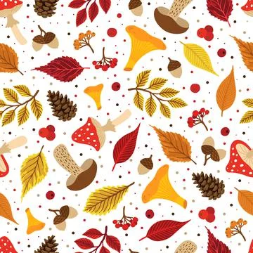 Vector colorful autumn seamless pattern with fall leaves, cone and mushrooms. Stock Illustration