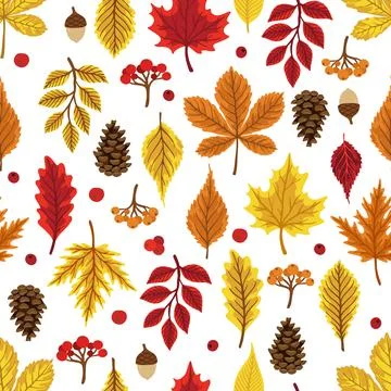 Vector colorful autumn seamless pattern with fall leaves, cone and mushrooms. Illustrazione stock