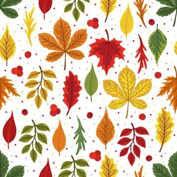 Vector colorful autumn seamless pattern with fall leaves, cone and mushrooms. Stock Illustration