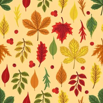 Vector colorful autumn seamless pattern with fall leaves, cone and mushrooms. 스톡 일러스트