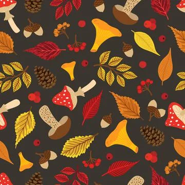 Vector colorful autumn seamless pattern with fall leaves, cone and mushrooms. Stock Illustration