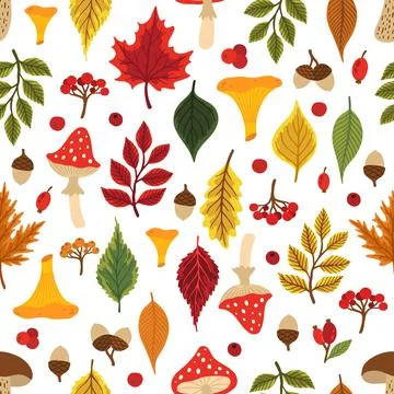 Vector colorful autumn seamless pattern with fall leaves, cone and mushrooms. Stock Illustration