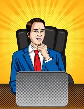 Vector colorful comic pop art style illustration of a manager sitting on the  Stock Illustration