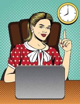 Vector colorful comic pop art style illustration of a secretary sitting on th Stock Illustration
