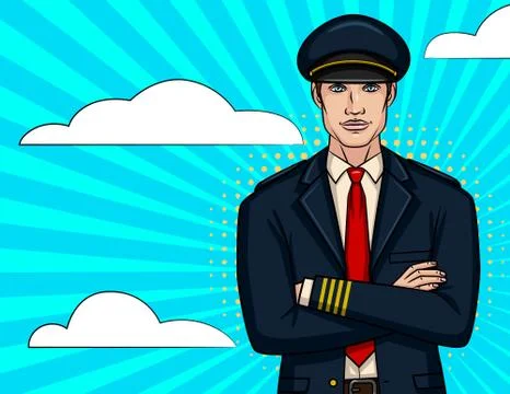 Vector colorful comic pop art style illustration of  smiling pilot standing w Stock Illustration