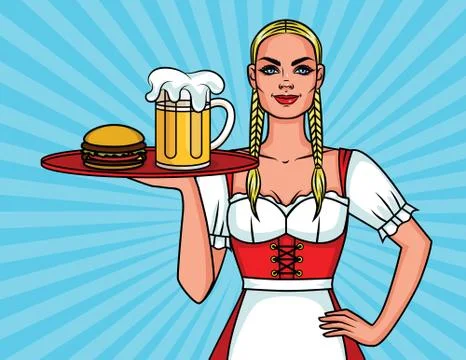 Vector colorful comic pop art style illustration of a pretty waitress with a  Stock Illustration