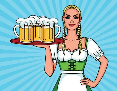 Vector colorful comic pop art style illustration of a pretty waitress with a  Stock Illustration