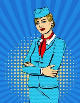 Vector colorful comic style illustration with smiling stewardess over halfton Stock Illustration