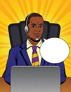 Vector colorful comic style illustration of a consultant in headphones making Stock Illustration