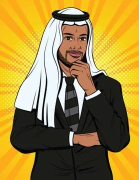 Vector colorful comic style illustration of arabic businessman are thinking.  Stock Illustration