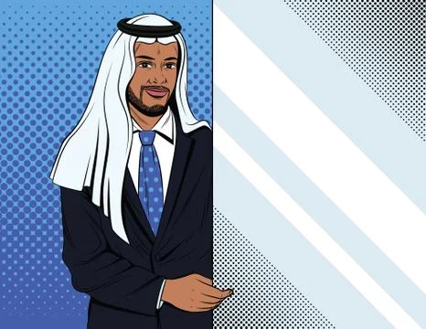 Vector colorful comic style illustration of a businessman pointing at a white Stock Illustration