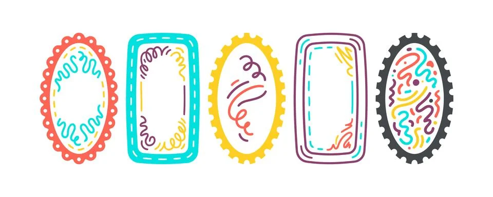 Vector of Colorful decorative frame designs with doodles inside Stock Illustration