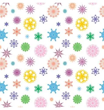 Vector colorful different snowflakes isolated on white seamless and bright Stock Illustration