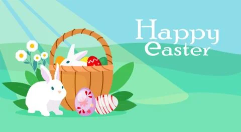 Vector of a colorful easter card with bunny, basket with eggs Stock Illustration
