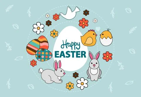 Vector of a colorful easter card with bunny, painted eggs, dove and flowers Stockillustratie