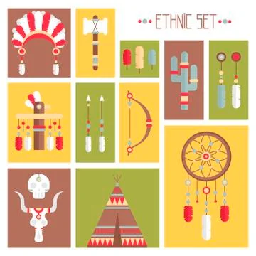 Vector colorful ethnic set with dream catcher, feathers, arrows and american Stock Illustration