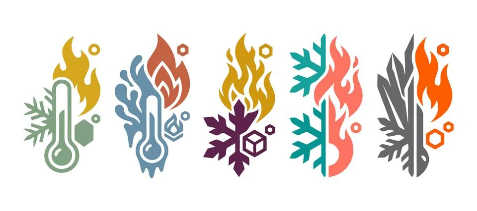 Vector of Colorful fire and thermometer icons set Stock Illustration