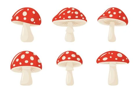 Vector Colorful Flat Fly Agaric Illustration Set. Red Caps with White Spots イラスト素材
