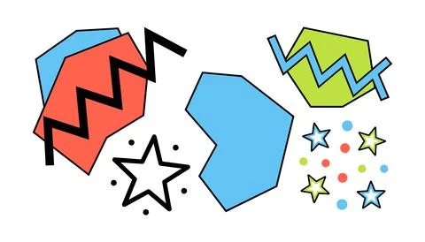 Vector of Colorful geometric shapes with zigzag lines and stars Stock Illustration