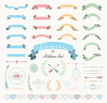 Vector Colorful Hand Drawn Design Elements and Ribbon Set Stock Illustration