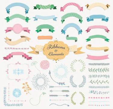 Vector Colorful Hand Drawn Design Elements and Ribbon Set 库存插图
