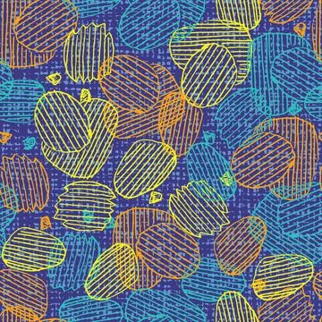 Vector colorful hand drawn overlapping potato chips seamless repeat pattern with Illustrazione stock