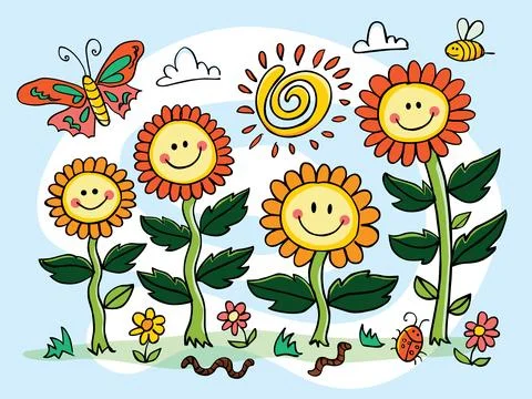 Vector colorful hand drawn smiley face flower illustration with sun swirl and Stock Illustration