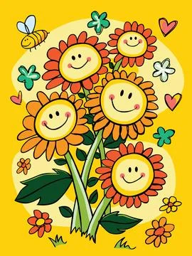 Vector colorful hand drawn smiley face flower bouquet illustration with hearts Stock Illustration