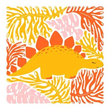 Vector colorful illustration with cute cartoon dinosaur, abstract leaves an.. Stock Illustration