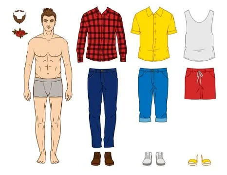 Vector colorful illustration of a guy with clothes for spring and summer time Stock Illustration