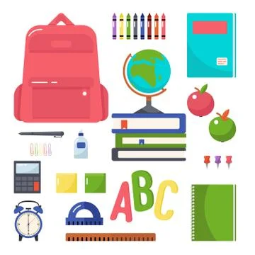 Vector colorful illustration of a school backpack, books, globe, crayons Stock Illustration